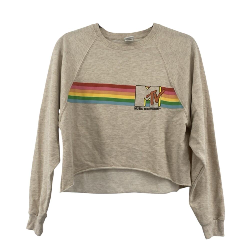 MTV Women's Small Tan Cropped Sweatshirt Rainbow Logo Long Sleeve Retro Graphic
